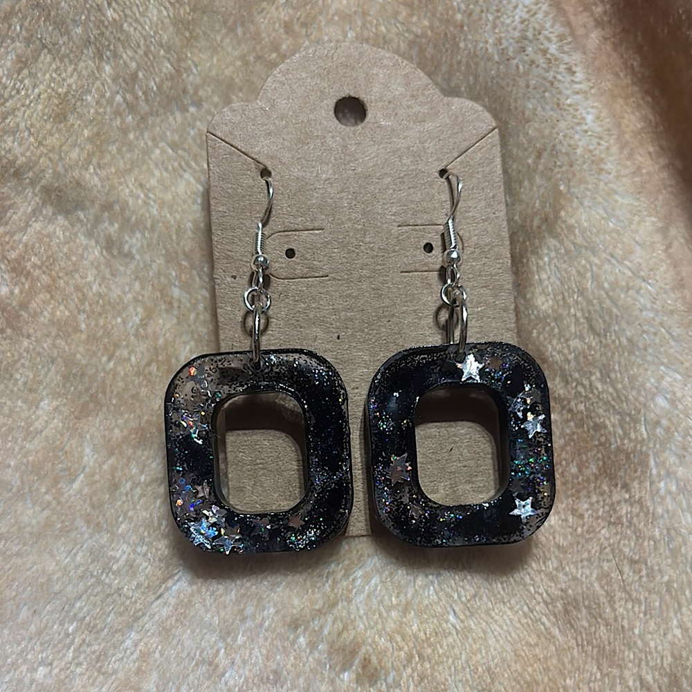 Black Glitter Square Earrings